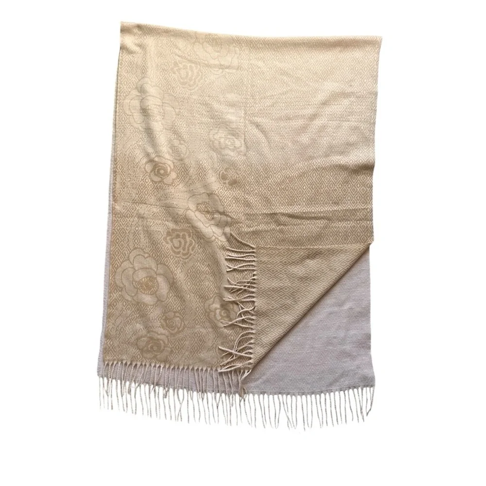 Cashmere Reversible Scarf Beige Tan Floral Jacquard Fringe Wrap